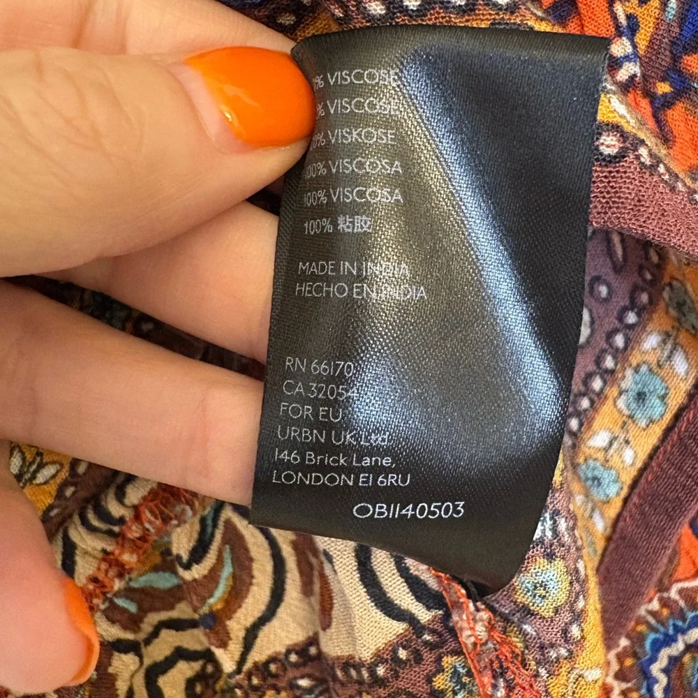 Free People Boho Paisley Peplum Blouse S Orange Blue Bell Sleeve Top - Picture 7 of 7